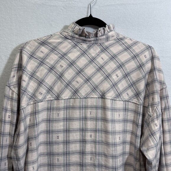 XIRENA Plaid Jensen Flannel  Top Size L Oversized Boxy Pearl Snap Ruffle Neck - Picture 10 of 13
